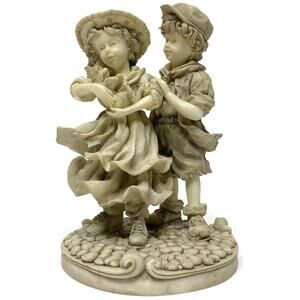 Regency Fine Arts Figurine Boy and Girl With Puppy on Gray Cobbled Base 6.25 In